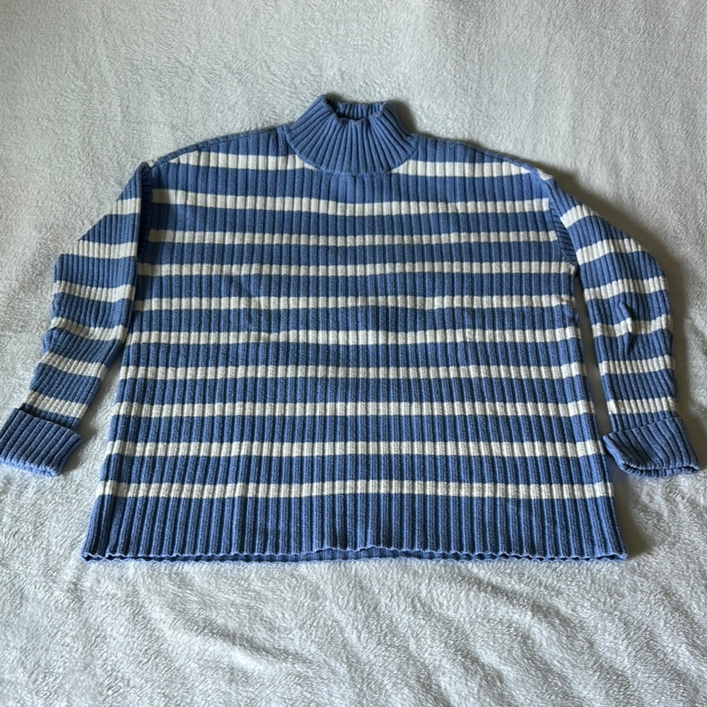 LOFT Blue and White Striped Mock Neck Sweater